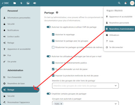 menu parametre partage 0