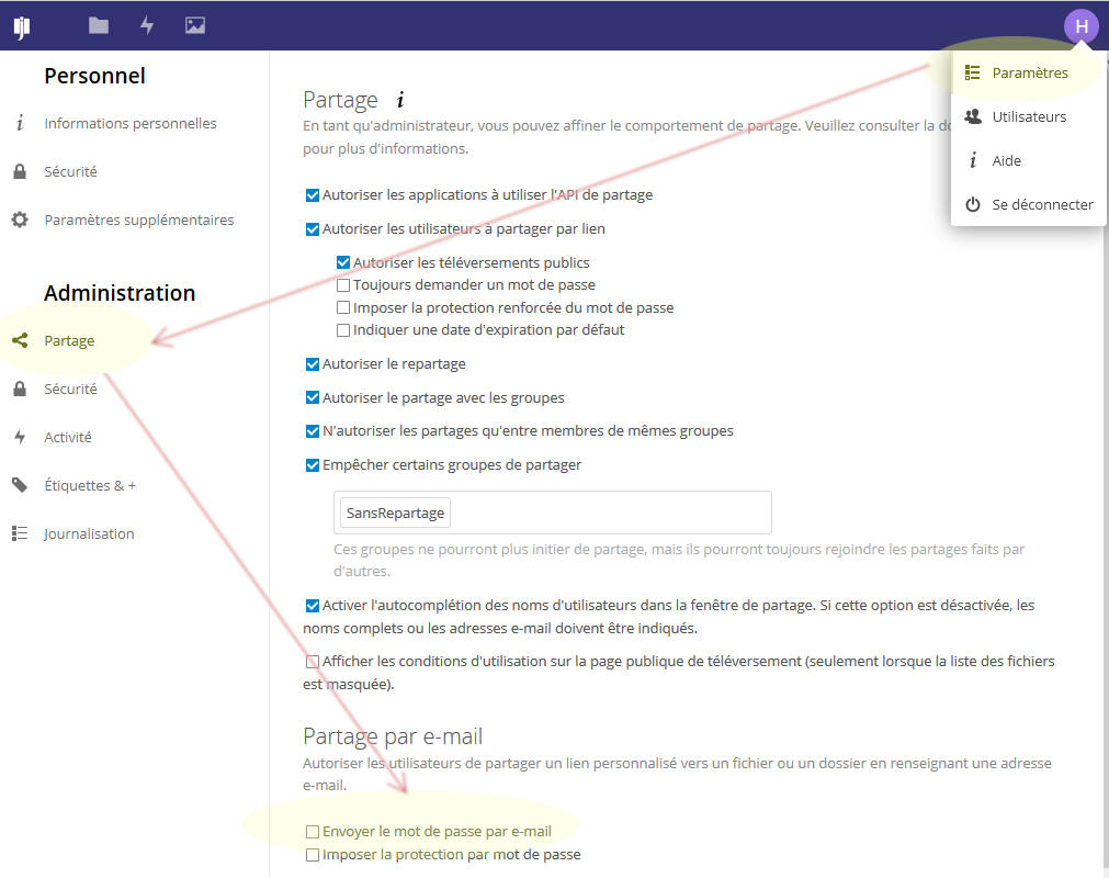 reglage partage email